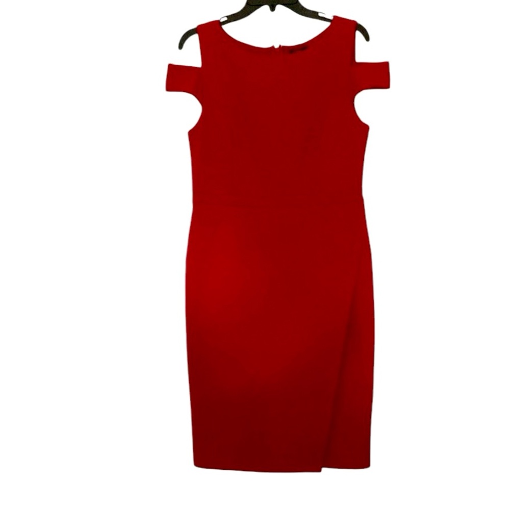 Adrianna Papell cold shoulder dress with faux wrap bottom, red, size 10